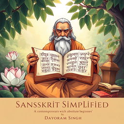 An inspiring illustration of a sage deeply immersed in reading sacred Hindu texts, seated in a serene environment