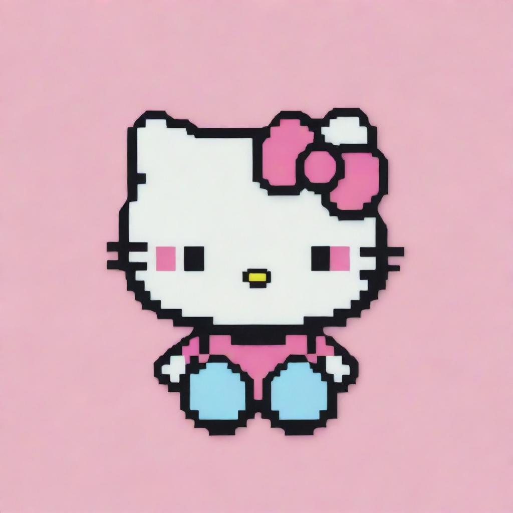 A unique rendition of Hello Kitty as pixel art, showcasing an 8-bit aesthetic with striking colors on a pastel background.