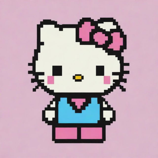 A unique rendition of Hello Kitty as pixel art, showcasing an 8-bit aesthetic with striking colors on a pastel background.