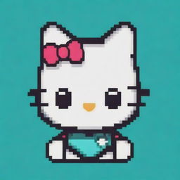 An innovative pixel art illustration of Hello Kitty with a vivid color palette, set against a contrasting teal background.