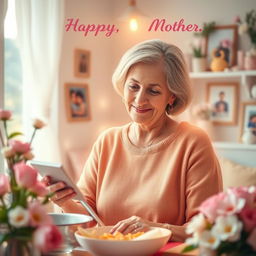 A warm, heartfelt tribute to a mother, showcasing her as a glowing figure surrounded by symbols of love and tenderness