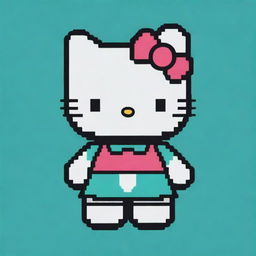 An innovative pixel art illustration of Hello Kitty with a vivid color palette, set against a contrasting teal background.