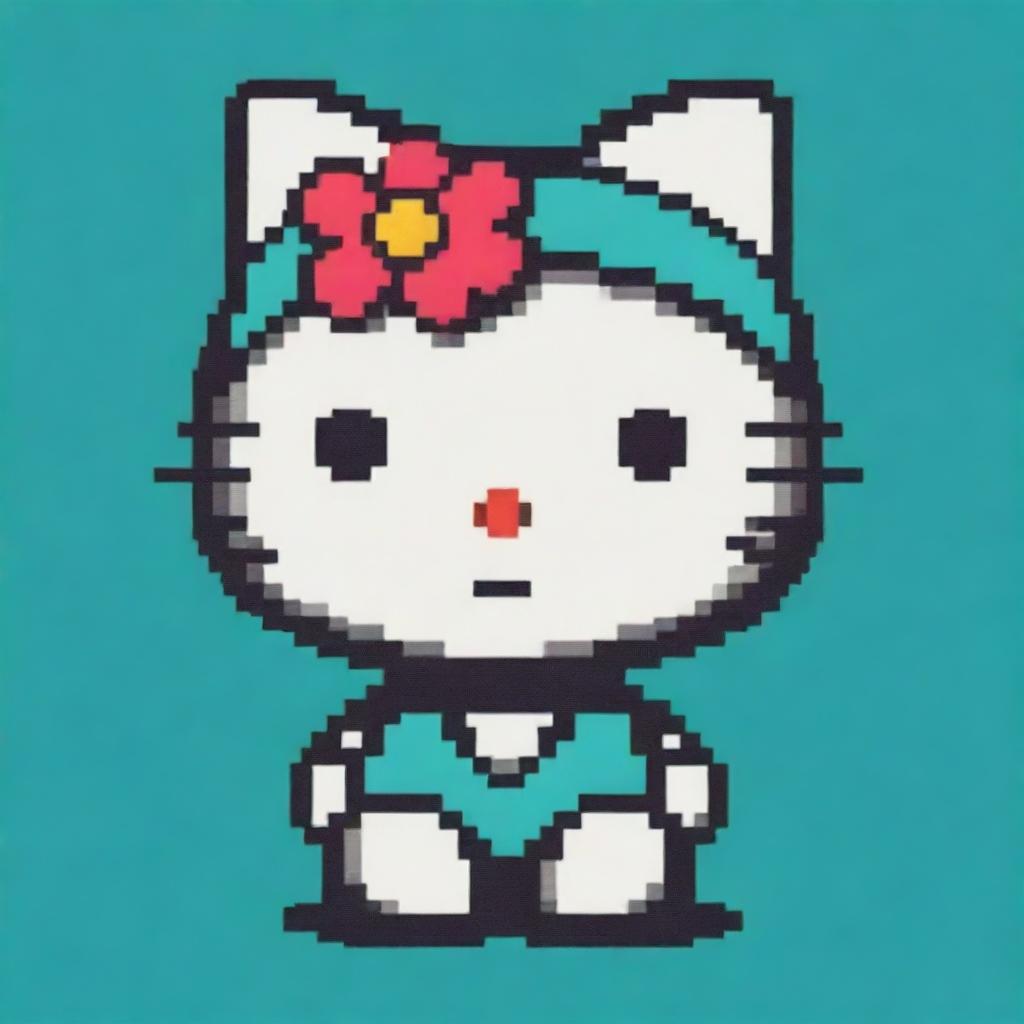 An innovative pixel art illustration of Hello Kitty with a vivid color palette, set against a contrasting teal background.