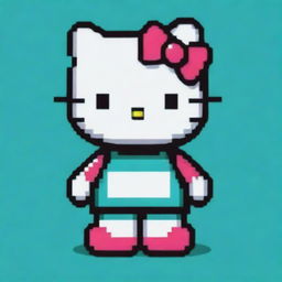 An innovative pixel art illustration of Hello Kitty with a vivid color palette, set against a contrasting teal background.