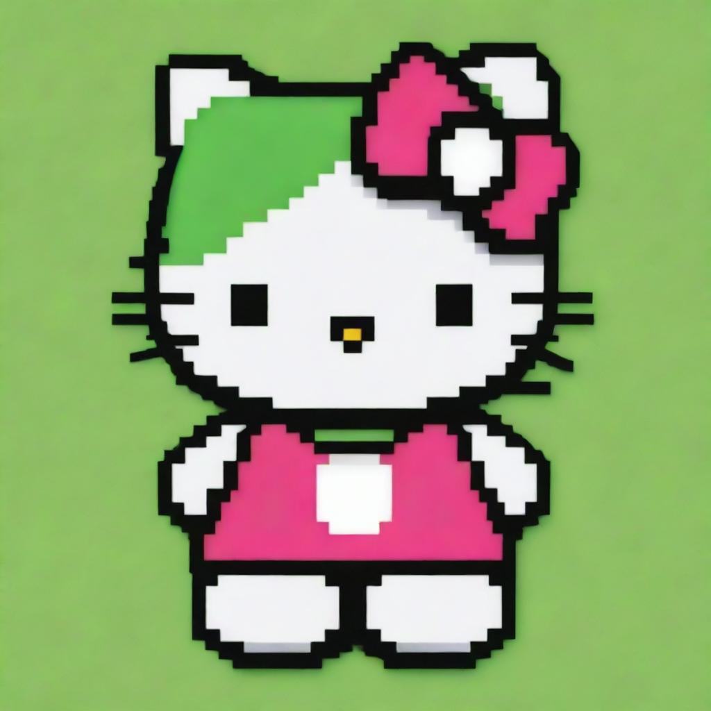 A distinctive pixel art depiction of Hello Kitty featuring a dynamic color scheme, positioned on a refreshing lime green background