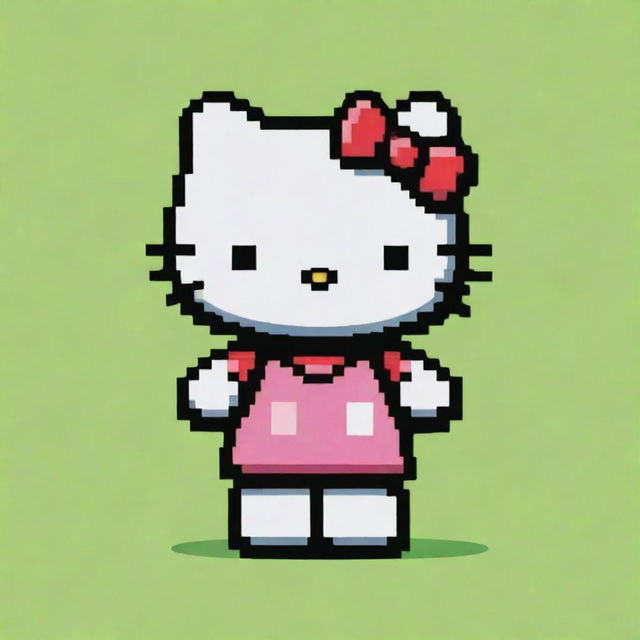 A distinctive pixel art depiction of Hello Kitty featuring a dynamic color scheme, positioned on a refreshing lime green background