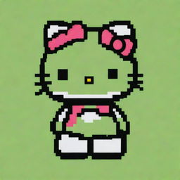 A distinctive pixel art depiction of Hello Kitty featuring a dynamic color scheme, positioned on a refreshing lime green background