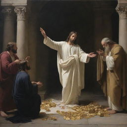 In Carl Bloch's style, create a chiaroscuro scene of Christ at the center, expelling merchants who sell fabrics and doves from the Temple, with gold coins scattered about