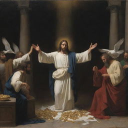 In Carl Bloch's style, create a chiaroscuro scene of Christ at the center, expelling merchants who sell fabrics and doves from the Temple, with gold coins scattered about