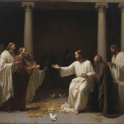 In Carl Bloch's style, create a chiaroscuro scene of Christ at the center, expelling merchants who sell fabrics and doves from the Temple, with gold coins scattered about