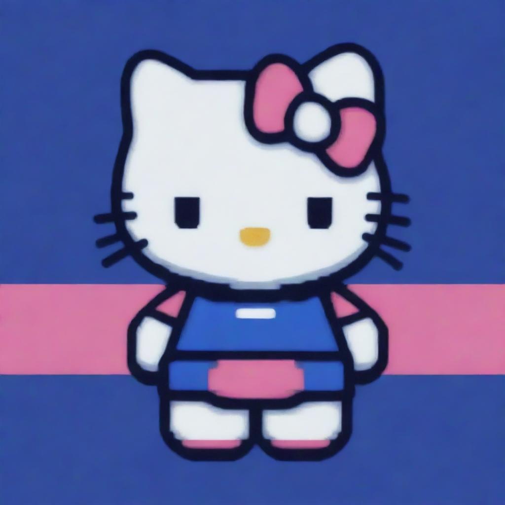 A pixel art representation of Hello Kitty using a unique blend of colors, set against an energizing royal blue background.