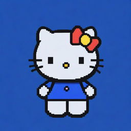 A pixel art representation of Hello Kitty using a unique blend of colors, set against an energizing royal blue background.