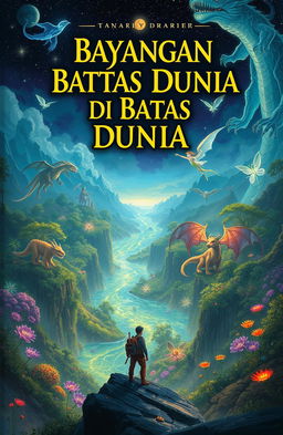 A mystical scene depicting a parallel world filled with wonders and supernatural creatures inspired by the book title 'Bayangan di Batas Dunia'