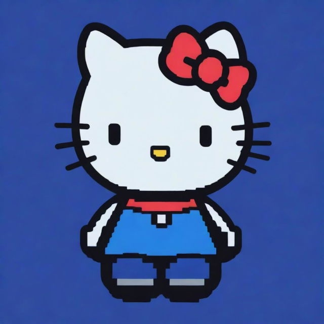 A pixel art representation of Hello Kitty using a unique blend of colors, set against an energizing royal blue background.