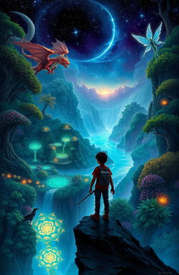A mystical scene depicting a parallel world filled with wonders and supernatural creatures inspired by the book title 'Bayangan di Batas Dunia'