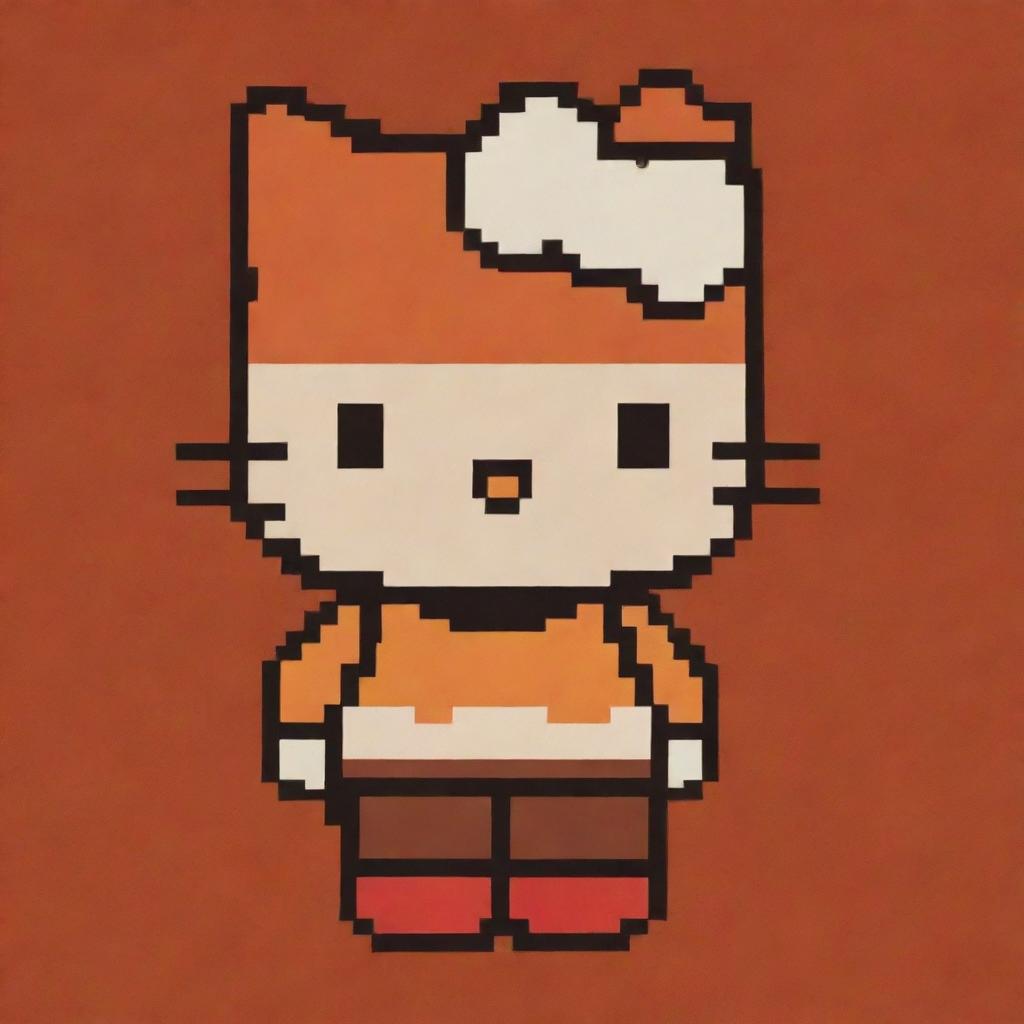 A pixel art of Hello Kitty in an unexpected palette of rich autumn colors, contrasted against a mellow burnt orange background