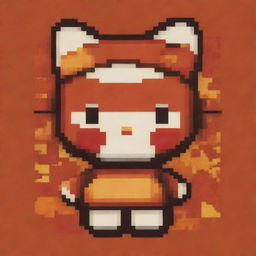 A pixel art of Hello Kitty in an unexpected palette of rich autumn colors, contrasted against a mellow burnt orange background