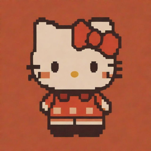 A pixel art of Hello Kitty in an unexpected palette of rich autumn colors, contrasted against a mellow burnt orange background