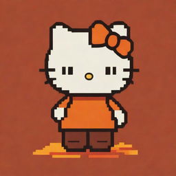 A pixel art of Hello Kitty in an unexpected palette of rich autumn colors, contrasted against a mellow burnt orange background