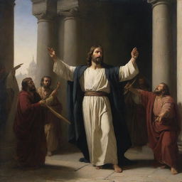 A chiaroscuro scene in Carl Bloch's style, Christ, irate and centered, brandishing a whip, expels the merchants who sell fabrics and doves from the Temple, causing them to flee