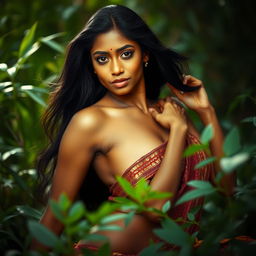 A Tamil woman with beautiful features, long flowing black hair, and a captivating gaze