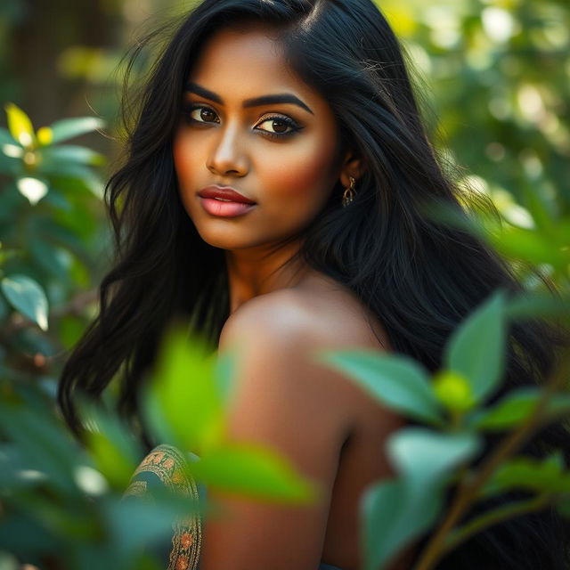 A Tamil woman with beautiful features, long flowing black hair, and a captivating gaze