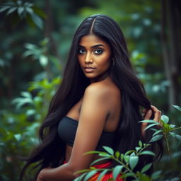 A Tamil woman with beautiful features, long flowing black hair, and a captivating gaze