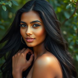 A Tamil woman with beautiful features, long flowing black hair, and a captivating gaze