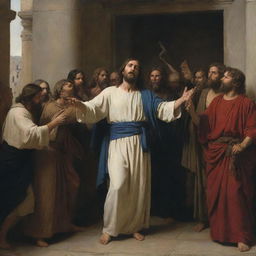 A chiaroscuro scene in Carl Bloch's style, Christ, irate and centered, brandishing a whip, expels the merchants who sell fabrics and doves from the Temple, causing them to flee