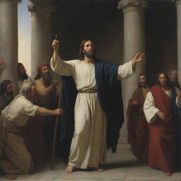 A chiaroscuro scene in Carl Bloch's style, Christ, irate and centered, brandishing a whip, expels the merchants who sell fabrics and doves from the Temple, causing them to flee