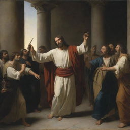 A chiaroscuro scene in Carl Bloch's style, Christ, irate and centered, brandishing a whip, expels the merchants who sell fabrics and doves from the Temple, causing them to flee