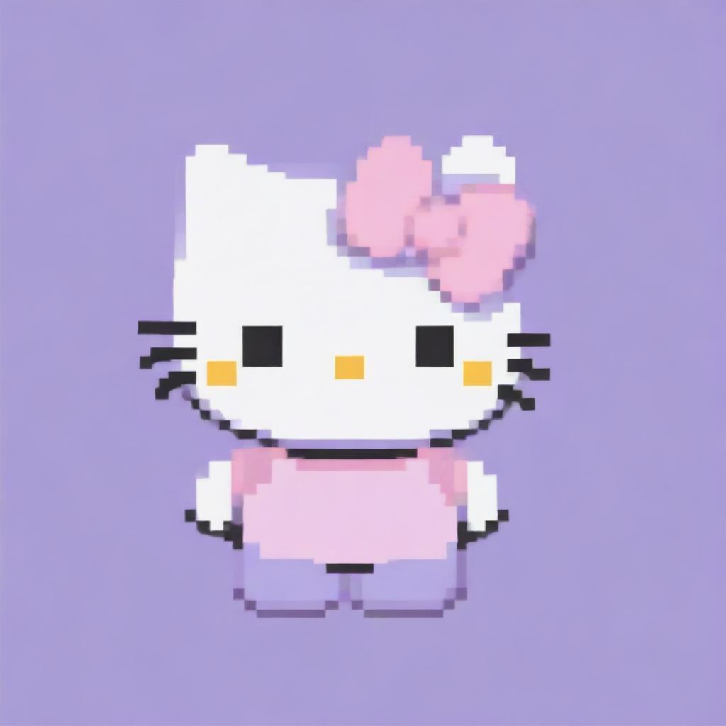 A pixel art version of Hello Kitty portrayed in a striking range of pastel shades, against a calming lavender background.