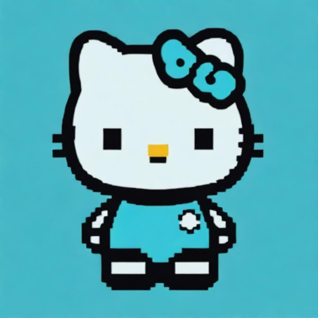 An 8-bit style pixel art of Hello Kitty rendered in a diverse selection of cool aqua color tones, against a contrasting navy blue background