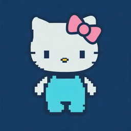 An 8-bit style pixel art of Hello Kitty rendered in a diverse selection of cool aqua color tones, against a contrasting navy blue background