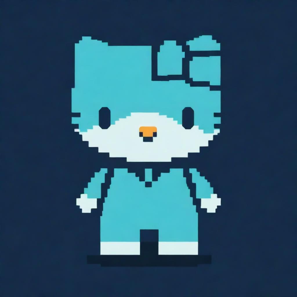 An 8-bit style pixel art of Hello Kitty rendered in a diverse selection of cool aqua color tones, against a contrasting navy blue background