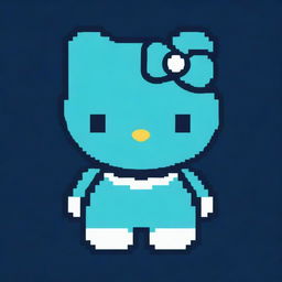 An 8-bit style pixel art of Hello Kitty rendered in a diverse selection of cool aqua color tones, against a contrasting navy blue background