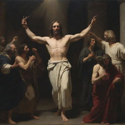 A dynamic Carl Bloch style scene using chiaroscuro tones, with a wrathful Christ in the center brandishing a whip, driving out the merchants selling fabrics and doves from the Temple