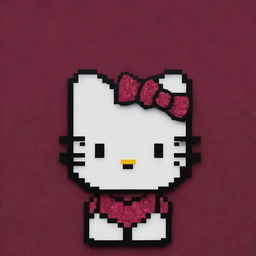 Create a pixel art version of Hello Kitty featuring bold, dramatic jewel-tones against a deep burgundy backdrop.