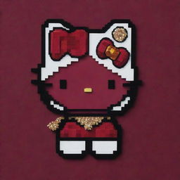 Create a pixel art version of Hello Kitty featuring bold, dramatic jewel-tones against a deep burgundy backdrop.