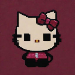 Create a pixel art version of Hello Kitty featuring bold, dramatic jewel-tones against a deep burgundy backdrop.