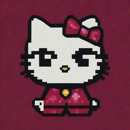 Create a pixel art version of Hello Kitty featuring bold, dramatic jewel-tones against a deep burgundy backdrop.