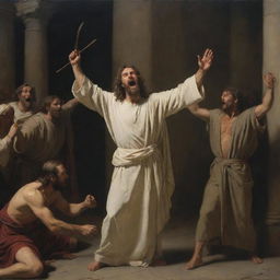 In the style of Carl Bloch and using chiaroscuro tones, depict an enraged Christ in the center of the scene, raising a whip, driving out the merchants selling fabrics and doves from the Temple