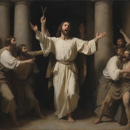 In the style of Carl Bloch and using chiaroscuro tones, depict an enraged Christ in the center of the scene, raising a whip, driving out the merchants selling fabrics and doves from the Temple