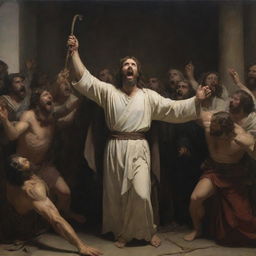 In the style of Carl Bloch and using chiaroscuro tones, depict an enraged Christ in the center of the scene, raising a whip, driving out the merchants selling fabrics and doves from the Temple