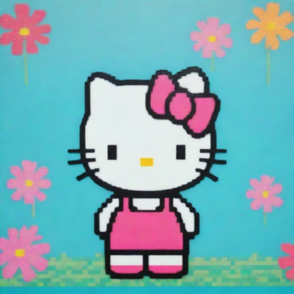 Create an 8-bit pixel art image of Hello Kitty using a spectrum of vibrant tropical colours, set against a bright cyan background