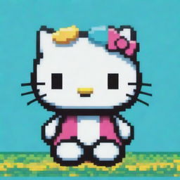 Create an 8-bit pixel art image of Hello Kitty using a spectrum of vibrant tropical colours, set against a bright cyan background