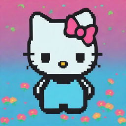 Create an 8-bit pixel art image of Hello Kitty using a spectrum of vibrant tropical colours, set against a bright cyan background