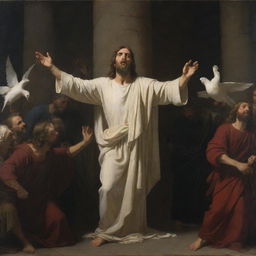 Dramatic image in Carl Bloch's style with chiaroscuro tones, depicting Christ in the center in a wrathful pose, brandishing a whip and driving out the merchants selling fabrics and doves from the Temple