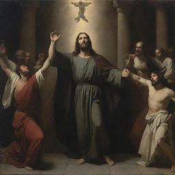 Dramatic image in Carl Bloch's style with chiaroscuro tones, depicting Christ in the center in a wrathful pose, brandishing a whip and driving out the merchants selling fabrics and doves from the Temple