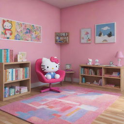 Pixelated Hello Kitty in a detailed study room, featuring a desk with books and a comfy chair, all rendered in vibrant colors